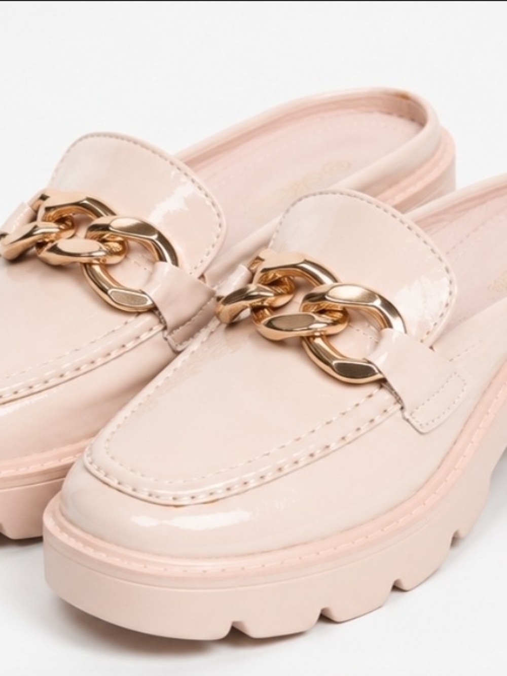 Mata Blush Patent Platform Mule Loafers Gold Chain Size 9